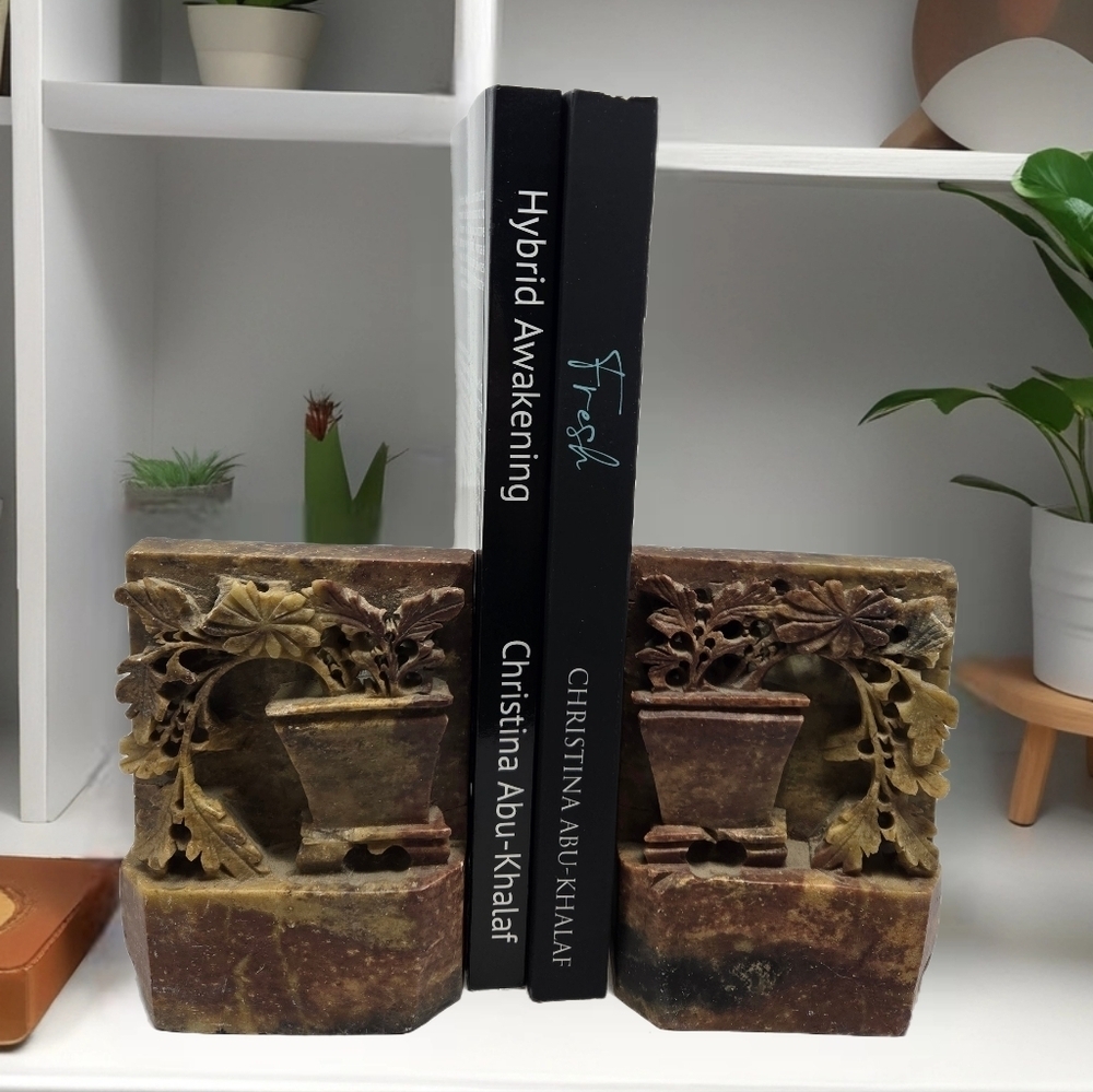 Vintage Handcarved Bookend Alabaster Soapstone Asian Plants Overflowing *READ*